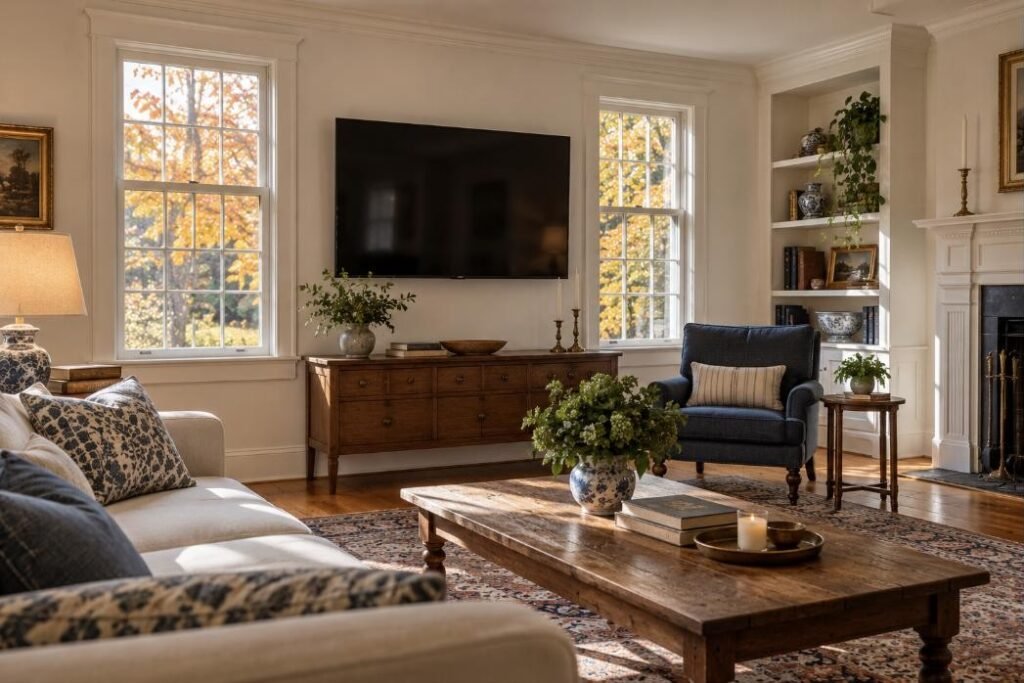 Wall-mounted TV in a Connecticut home (illustration)