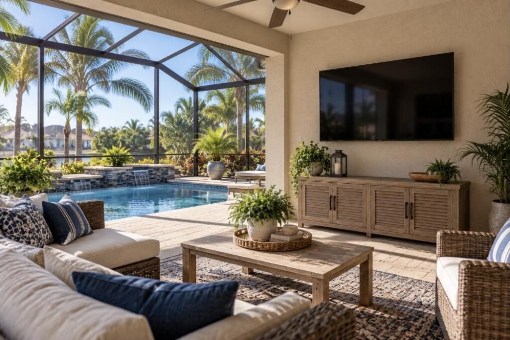 Wall-mounted TV in a Florida home (illustration)