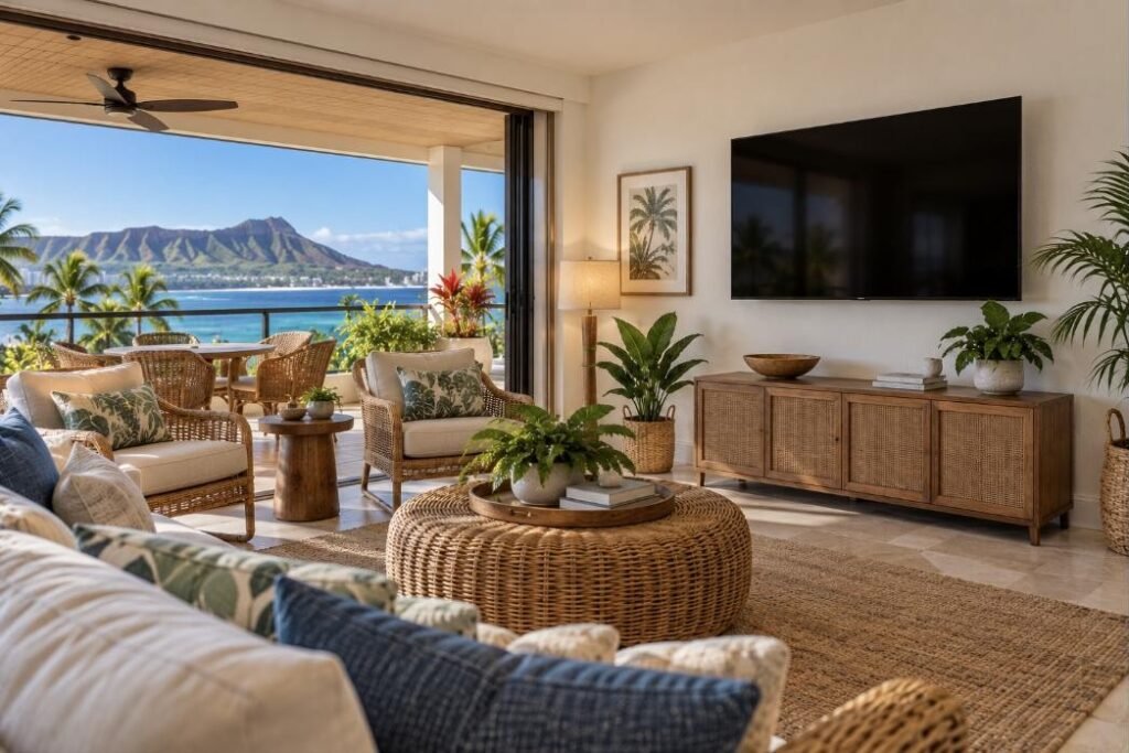 Wall-mounted TV in a Hawaii home (illustration)