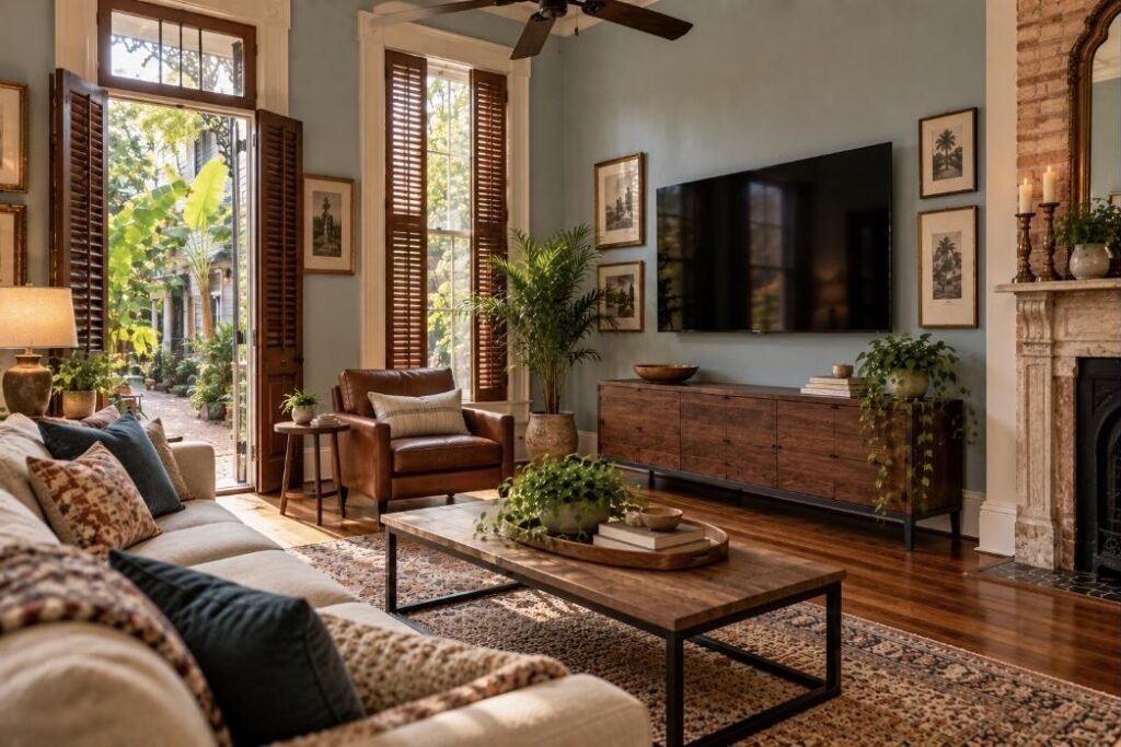 Wall-mounted TV in a Louisiana home (illustration)