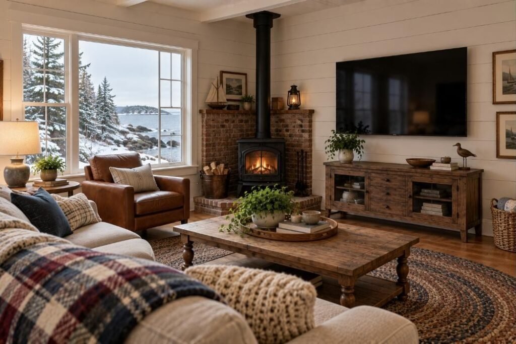 Wall-mounted TV in a Maine home (illustration)