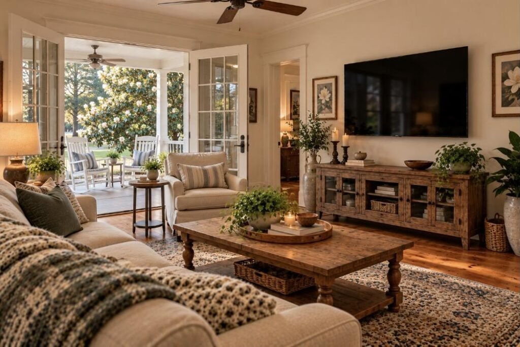 Wall-mounted TV in a Mississippi home (illustration)