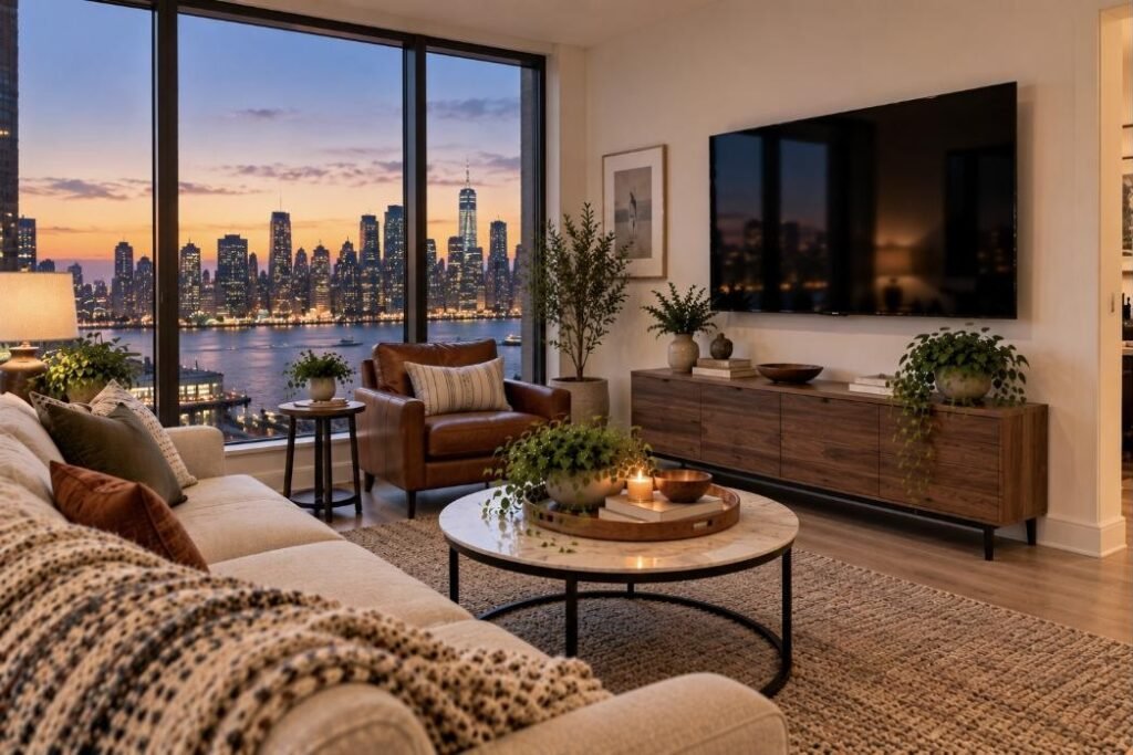 Wall-mounted TV in a New Jersey home (illustration)