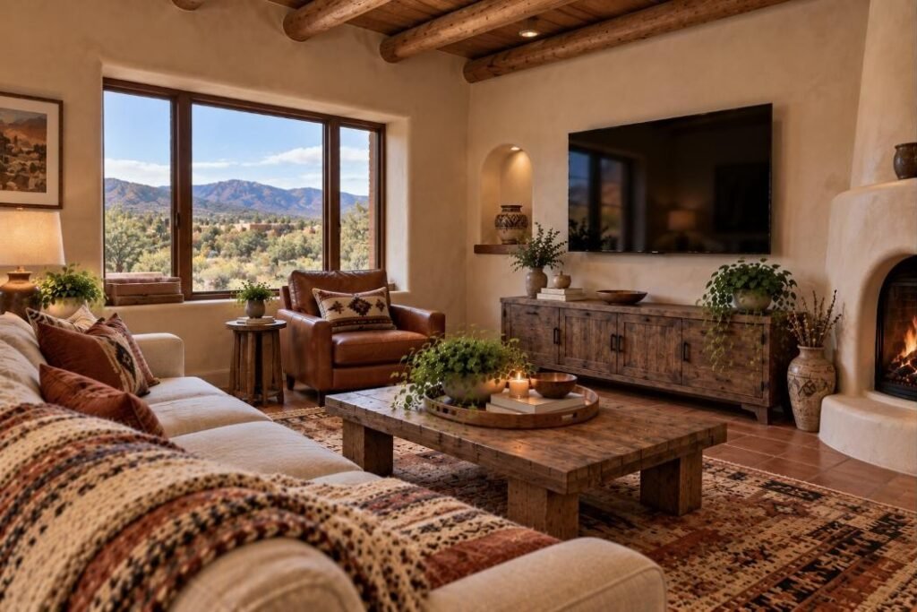 Wall-mounted TV in a New Mexico home (illustration)