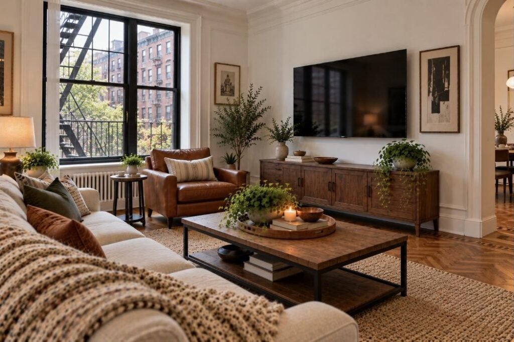 Wall-mounted TV in a New York home (illustration)