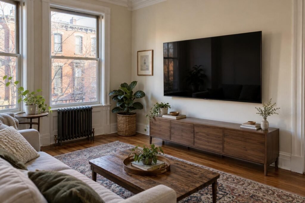 Wall-mounted TV in a Pennsylvania home (illustration)