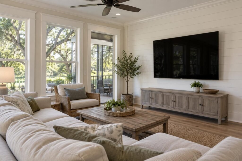 Wall-mounted TV in a South Carolina home (illustration)